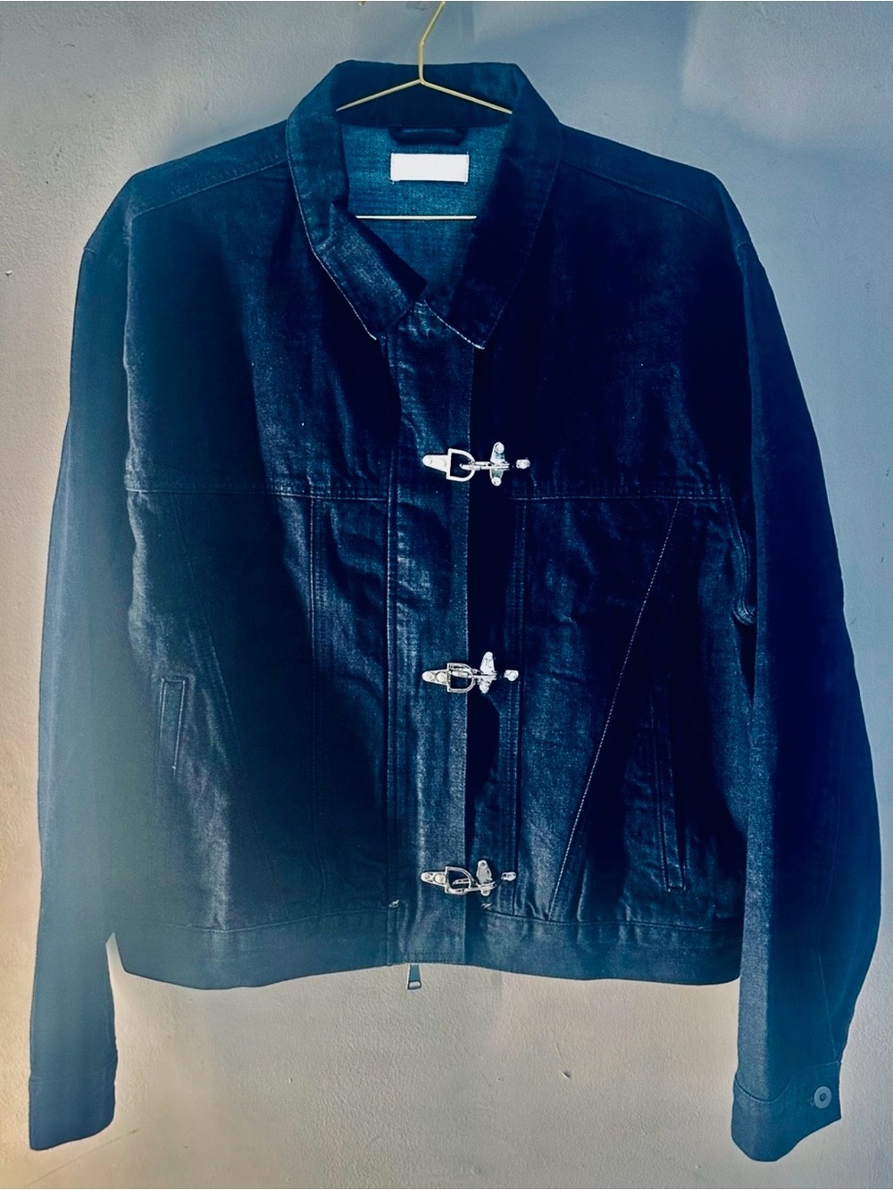 Classic dark blue Denim Jacket with Decorative Toggle Fastenings